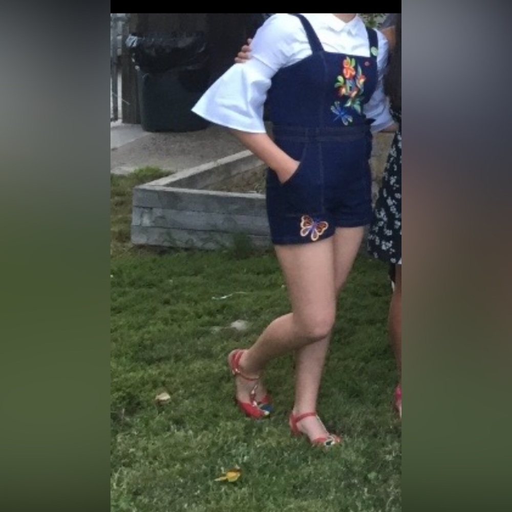 Voodoo vixen denim short all romper. Size small with embroidery